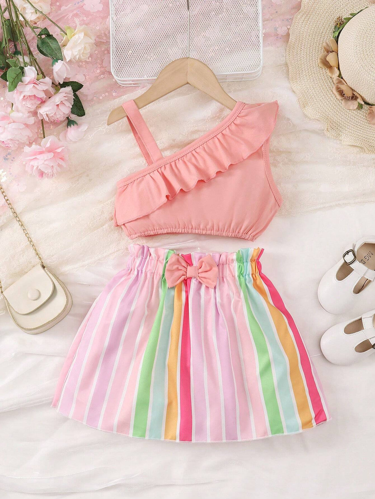 Girls" Single Shoulder Design Hollow Out Strap Butterfly Knot Skirt Set Summer Style