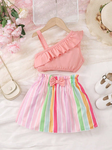 Girls" Single Shoulder Design Hollow Out Strap Butterfly Knot Skirt Set Summer Style