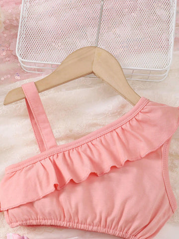 Girls" Single Shoulder Design Hollow Out Strap Butterfly Knot Skirt Set Summer Style