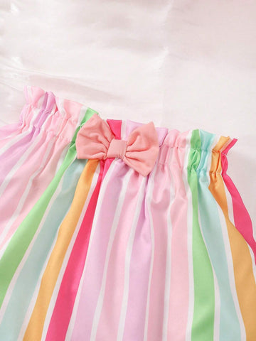 Girls" Single Shoulder Design Hollow Out Strap Butterfly Knot Skirt Set Summer Style