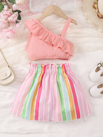 Girls" Single Shoulder Design Hollow Out Strap Butterfly Knot Skirt Set Summer Style