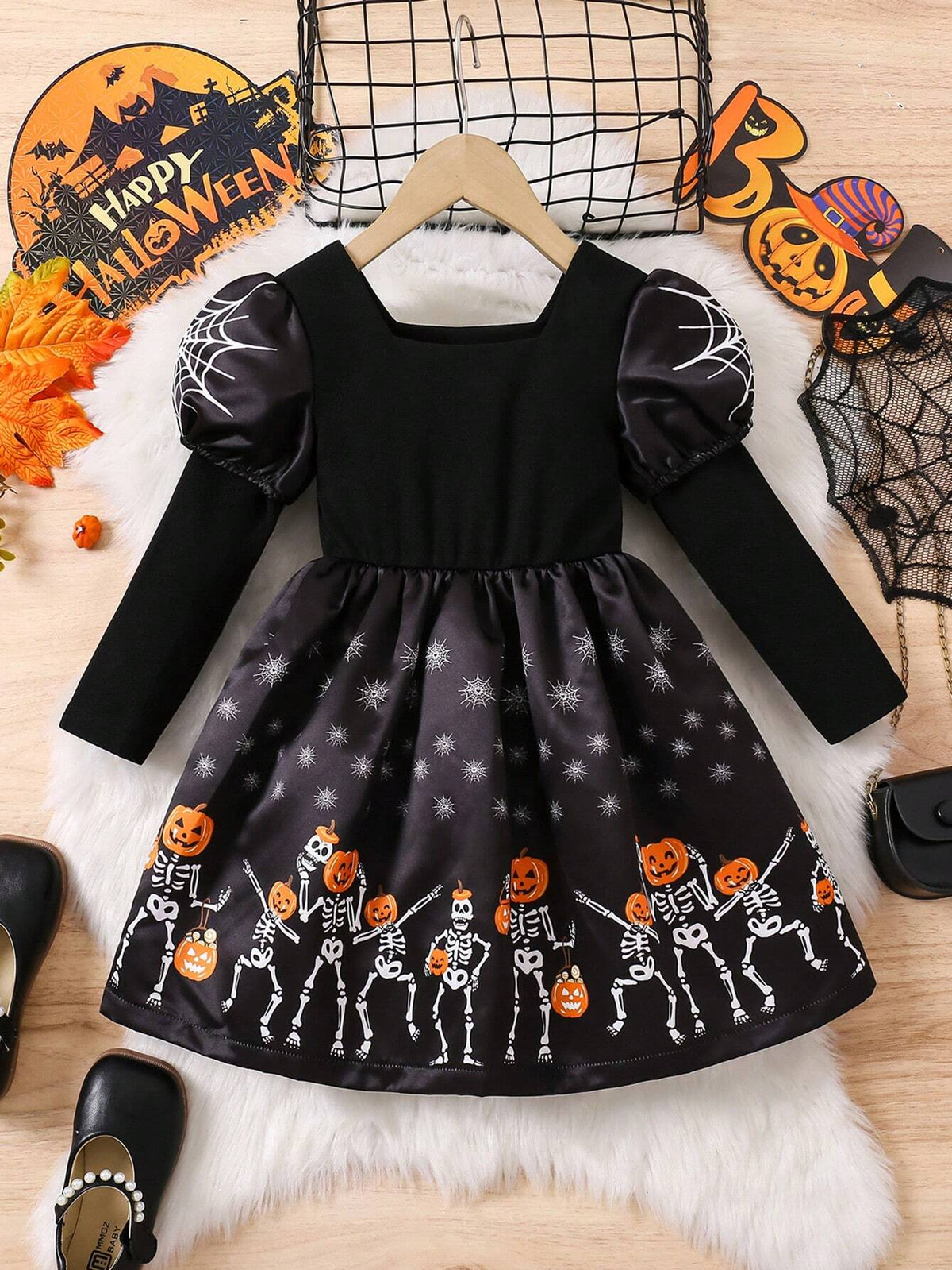 Girls Skull Print Funny Halloween Costume Party Dress, Suitable For Toddler & Young Girl Autumn Outfit