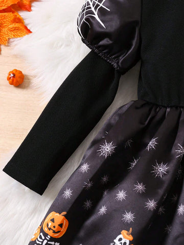 Girls Skull Print Funny Halloween Costume Party Dress, Suitable For Toddler & Young Girl Autumn Outfit