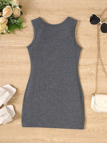 Girls' Sleeveless Athletic Round Neck Slim Fit Crop Tropical Print Dress For Summer