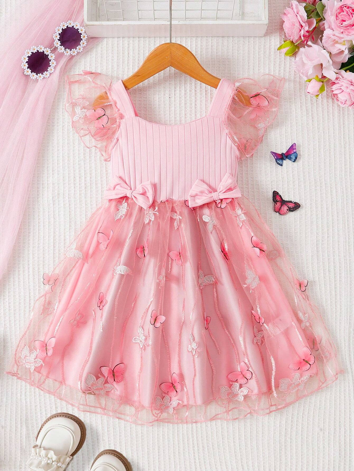 Girls" Sleeveless Bowknot 3D Embroidery Mesh Dress For Middle And Little Children In Summer
