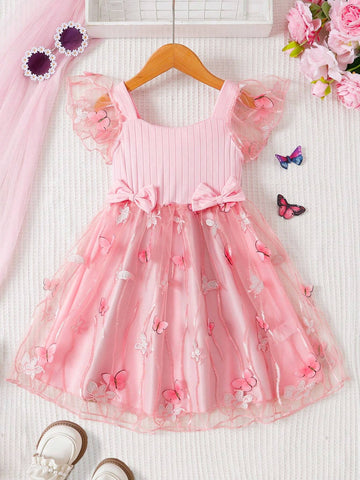 Girls" Sleeveless Bowknot 3D Embroidery Mesh Dress For Middle And Little Children In Summer