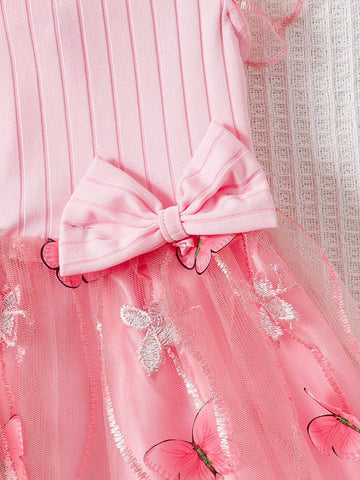 Girls" Sleeveless Bowknot 3D Embroidery Mesh Dress For Middle And Little Children In Summer