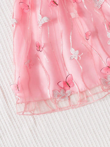 Girls" Sleeveless Bowknot 3D Embroidery Mesh Dress For Middle And Little Children In Summer