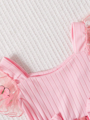 Girls" Sleeveless Bowknot 3D Embroidery Mesh Dress For Middle And Little Children In Summer