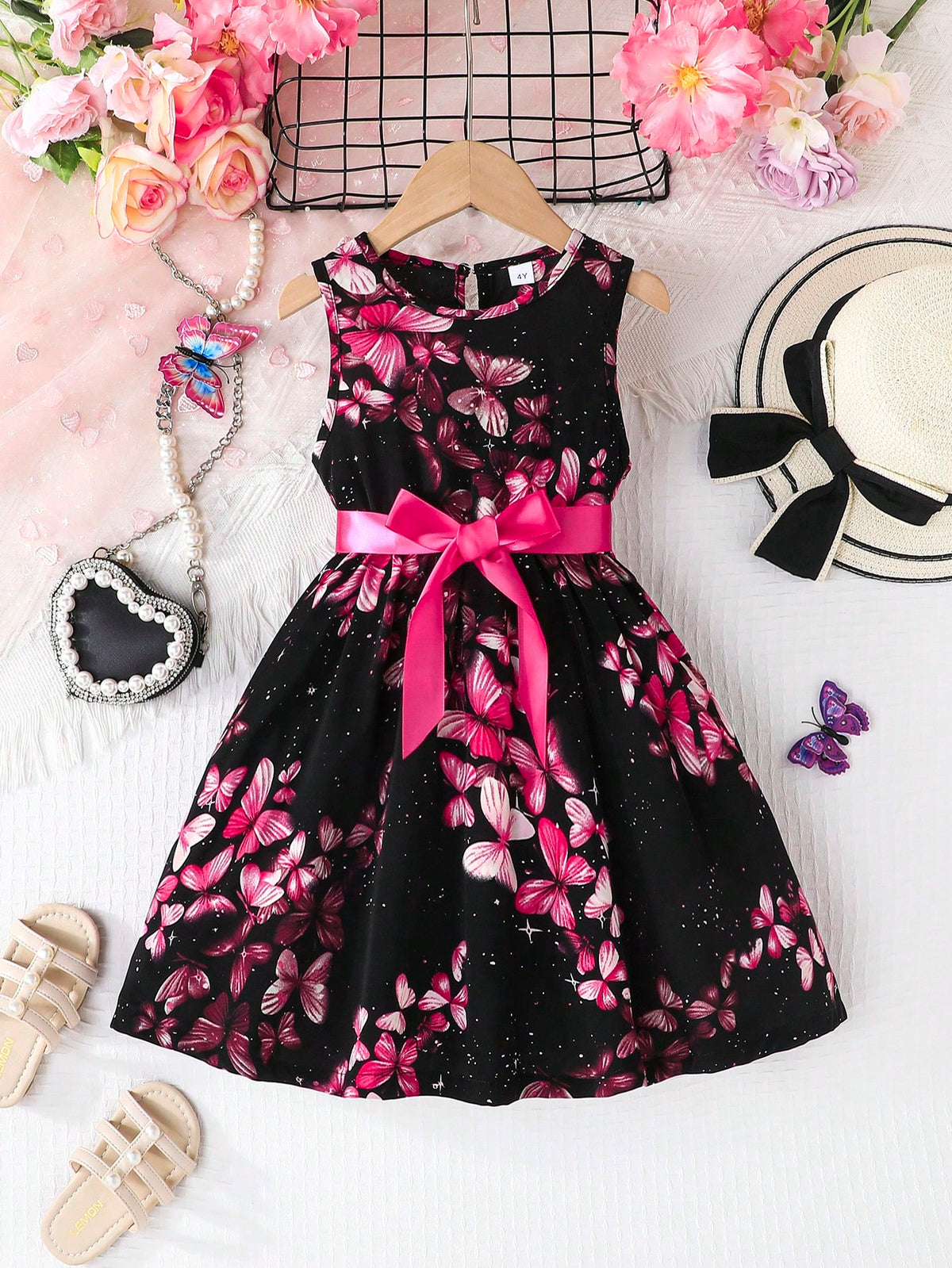 Girls' Sleeveless Butterfly & Galaxy Print Round Neck Summer Holiday Dress With Silk Waist Belt