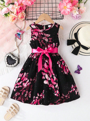 Girls' Sleeveless Butterfly & Galaxy Print Round Neck Summer Holiday Dress With Silk Waist Belt