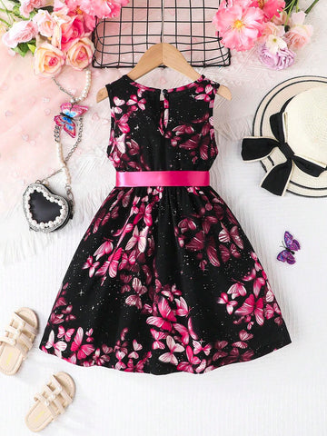 Girls' Sleeveless Butterfly & Galaxy Print Round Neck Summer Holiday Dress With Silk Waist Belt
