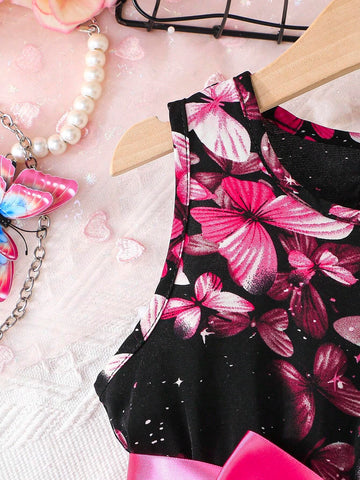 Girls' Sleeveless Butterfly & Galaxy Print Round Neck Summer Holiday Dress With Silk Waist Belt