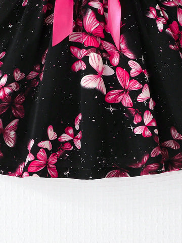 Girls' Sleeveless Butterfly & Galaxy Print Round Neck Summer Holiday Dress With Silk Waist Belt