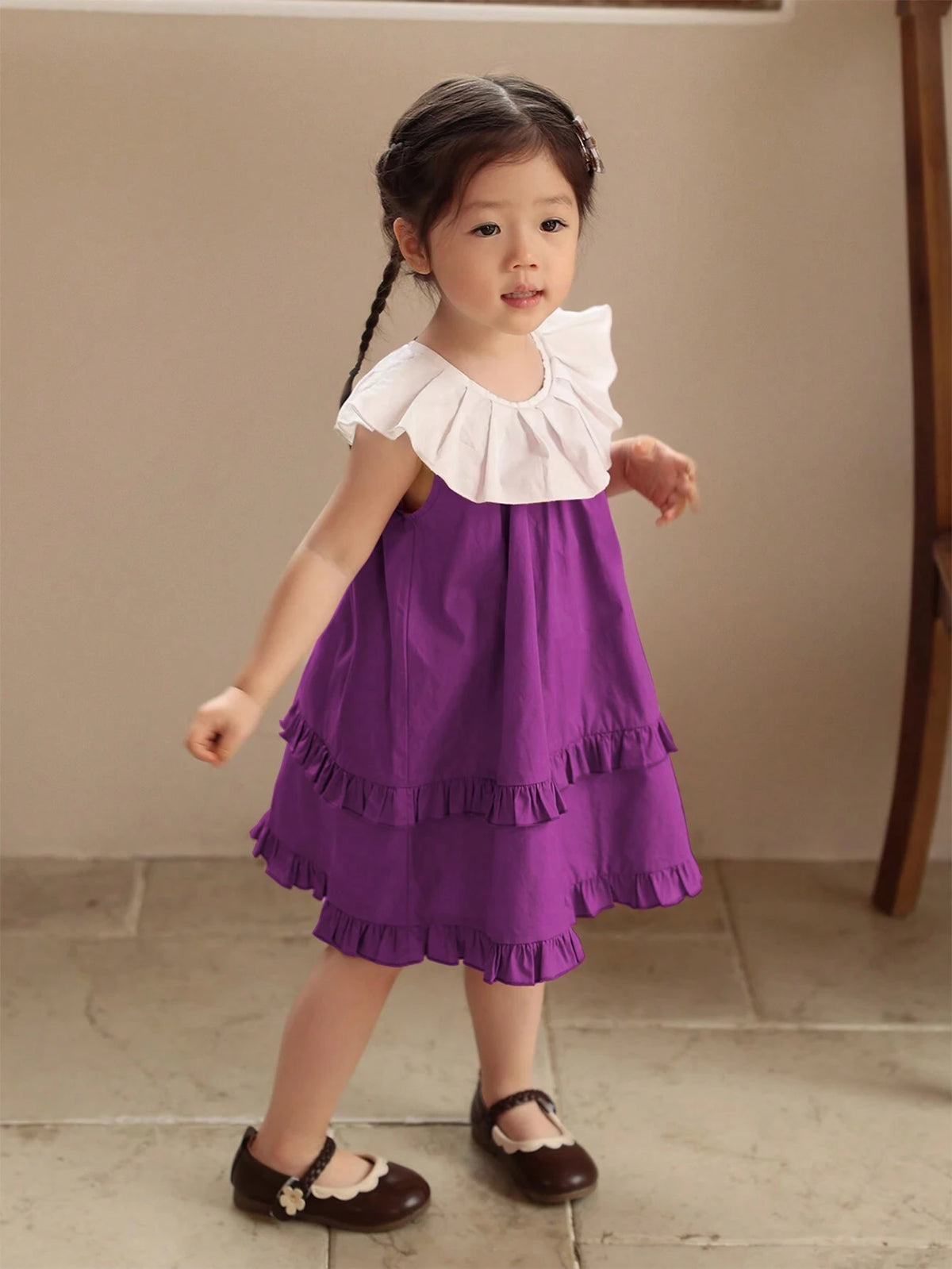 Girls' Sleeveless Casual Dress With Wide Collar, Summer