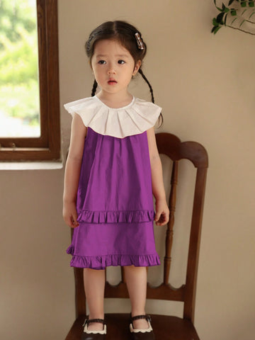 Girls' Sleeveless Casual Dress With Wide Collar, Summer