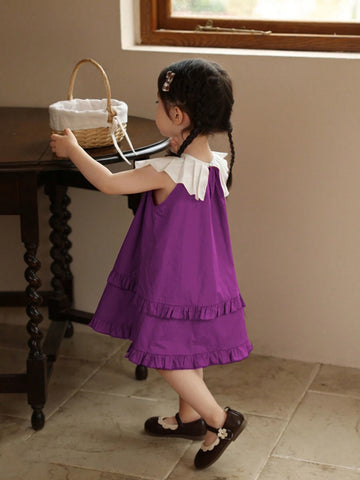 Girls' Sleeveless Casual Dress With Wide Collar, Summer