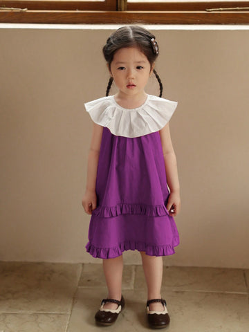 Girls' Sleeveless Casual Dress With Wide Collar, Summer
