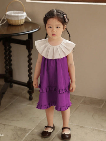 Girls' Sleeveless Casual Dress With Wide Collar, Summer
