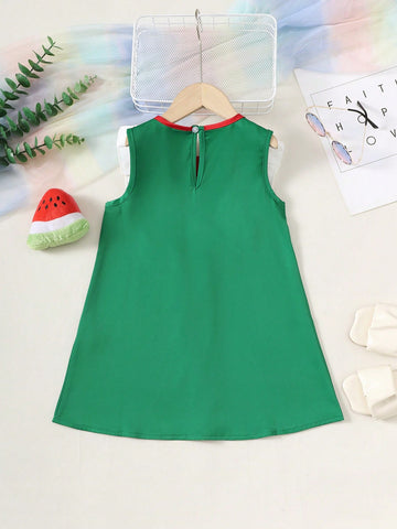 Girls Sleeveless Casual Cute Watermelon Graphic Print Patchwork Dress, Summer'