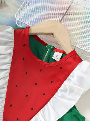 Girls Sleeveless Casual Cute Watermelon Graphic Print Patchwork Dress, Summer'