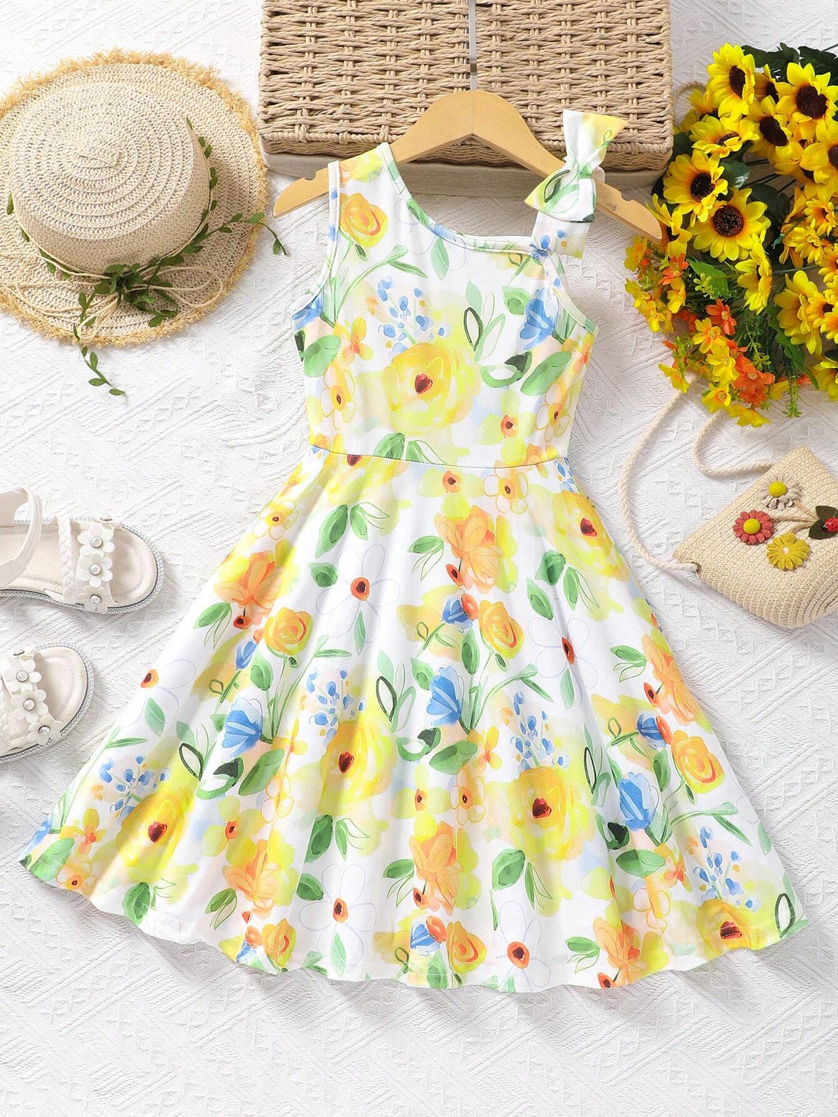 Girls' Sleeveless Casual Dress With Bowknot & Floral Print