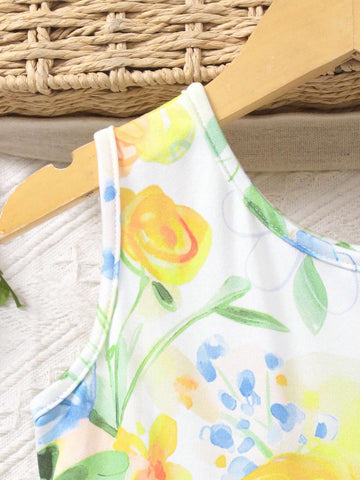 Girls' Sleeveless Casual Dress With Bowknot & Floral Print