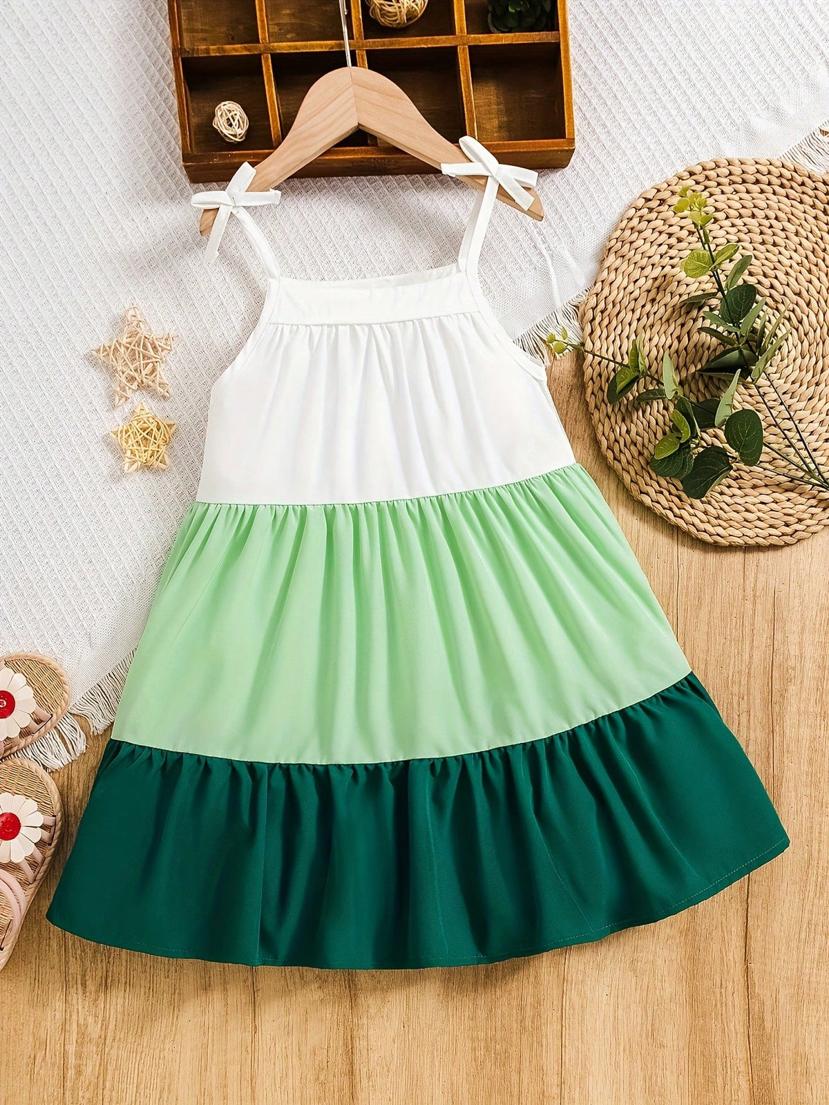 Girl's Sleeveless Contrast Color Flared Dress, Princess Spaghetti Strap Beach Dress For Summer