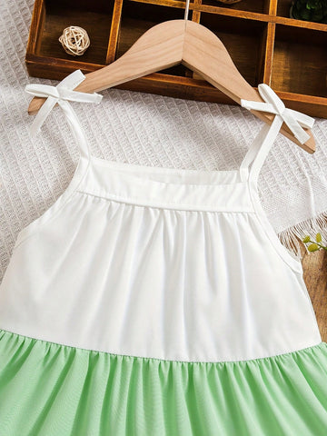 Girl's Sleeveless Contrast Color Flared Dress, Princess Spaghetti Strap Beach Dress For Summer