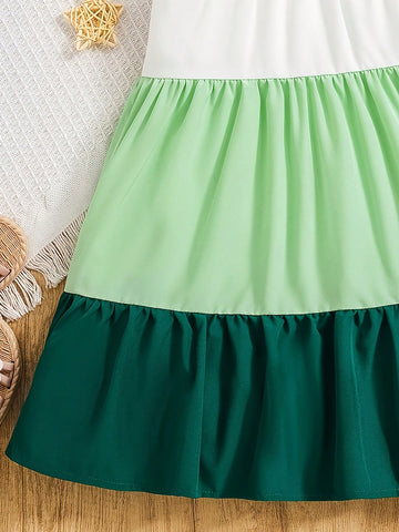 Girl's Sleeveless Contrast Color Flared Dress, Princess Spaghetti Strap Beach Dress For Summer