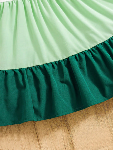 Girl's Sleeveless Contrast Color Flared Dress, Princess Spaghetti Strap Beach Dress For Summer