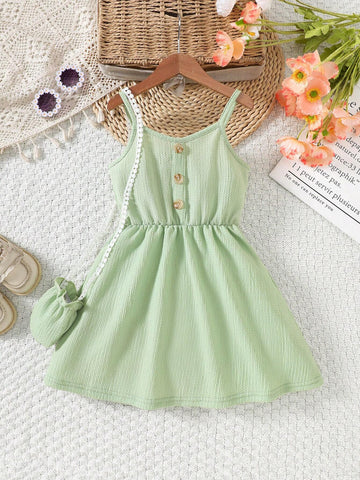 Girls Sleeveless Dress, Textured Fabric, Soft Material, Casual Style, With Sling Bag, Fresh Colors, Suitable For Age 4-7
