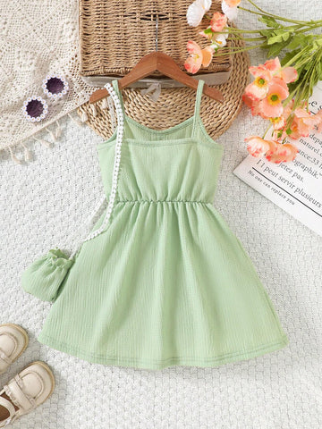 Girls Sleeveless Dress, Textured Fabric, Soft Material, Casual Style, With Sling Bag, Fresh Colors, Suitable For Age 4-7