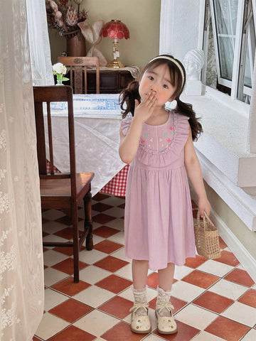 Girls' Sleeveless Embroidered Casual Dress For Spring/Summer
