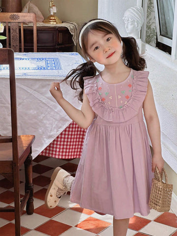 Girls' Sleeveless Embroidered Casual Dress For Spring/Summer