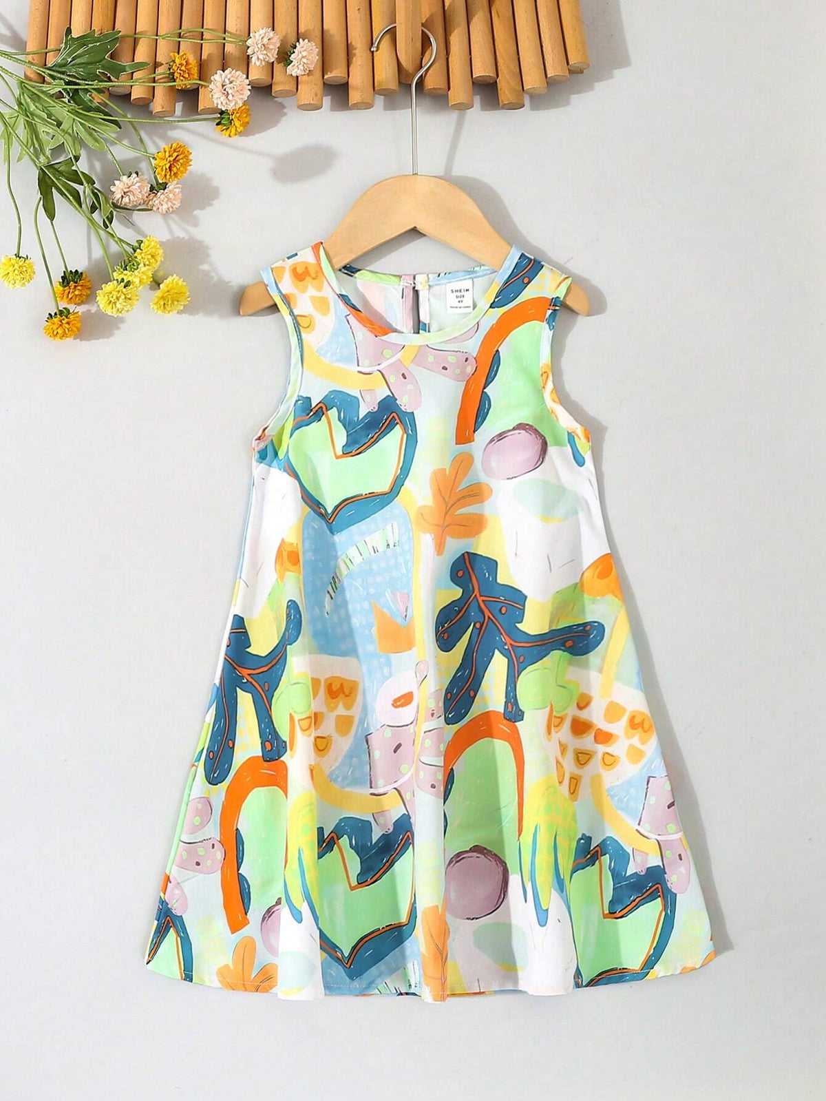 Girls' Sleeveless Forest Green Plants Graffiti Printed Dress, Summer