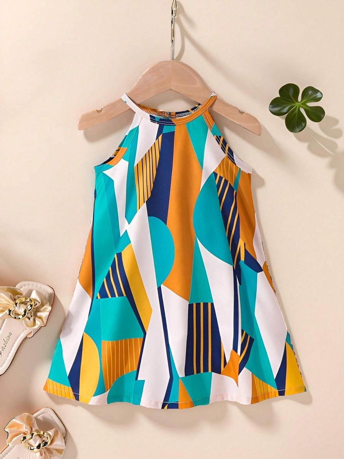 Girls' Sleeveless Halter Neck Geometric Print Dress
