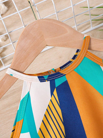 Girls' Sleeveless Halter Neck Geometric Print Dress