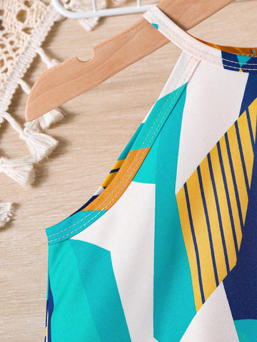Girls' Sleeveless Halter Neck Geometric Print Dress