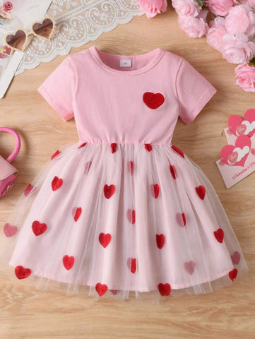 Girls Sleeveless Heart Embroidered Mesh Patchwork Summer Dress
