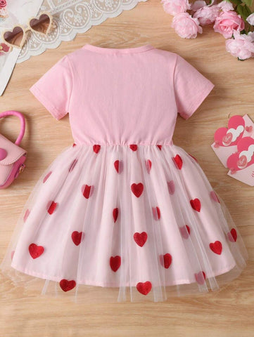 Girls Sleeveless Heart Embroidered Mesh Patchwork Summer Dress