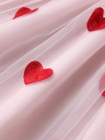 Girls Sleeveless Heart Embroidered Mesh Patchwork Summer Dress