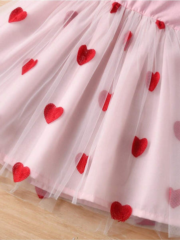 Girls Sleeveless Heart Embroidered Mesh Patchwork Summer Dress