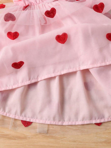 Girls Sleeveless Heart Embroidered Mesh Patchwork Summer Dress