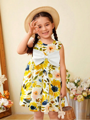 Girls Sleeveless Hollow Floral Bow Decor A-Line Dress, 3D Floral Front, Suitable For Children's Party, Family Gathering, Festivals And Daily Wear