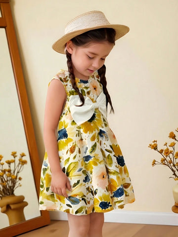 Girls Sleeveless Hollow Floral Bow Decor A-Line Dress, 3D Floral Front, Suitable For Children's Party, Family Gathering, Festivals And Daily Wear