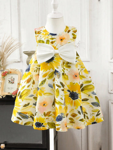 Girls Sleeveless Hollow Floral Bow Decor A-Line Dress, 3D Floral Front, Suitable For Children's Party, Family Gathering, Festivals And Daily Wear