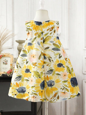 Girls Sleeveless Hollow Floral Bow Decor A-Line Dress, 3D Floral Front, Suitable For Children's Party, Family Gathering, Festivals And Daily Wear