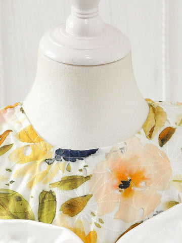 Girls Sleeveless Hollow Floral Bow Decor A-Line Dress, 3D Floral Front, Suitable For Children's Party, Family Gathering, Festivals And Daily Wear