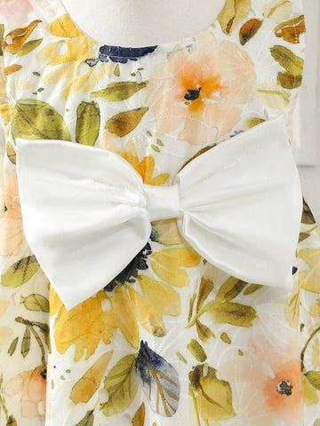 Girls Sleeveless Hollow Floral Bow Decor A-Line Dress, 3D Floral Front, Suitable For Children's Party, Family Gathering, Festivals And Daily Wear